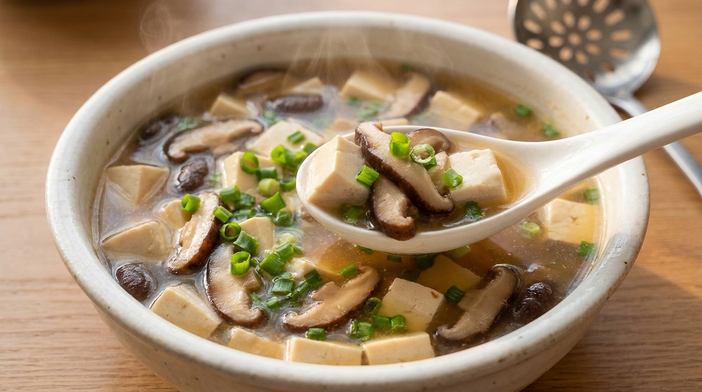 滑らかな豆腐と香り高い椎茸、そして鮮やかなネギを添えた、温かいスープの一皿。