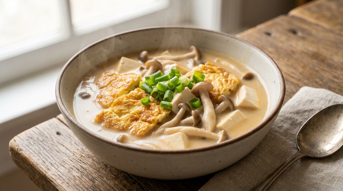 旨味たっぷり！黄金卵とキノコ、豆腐のスープ