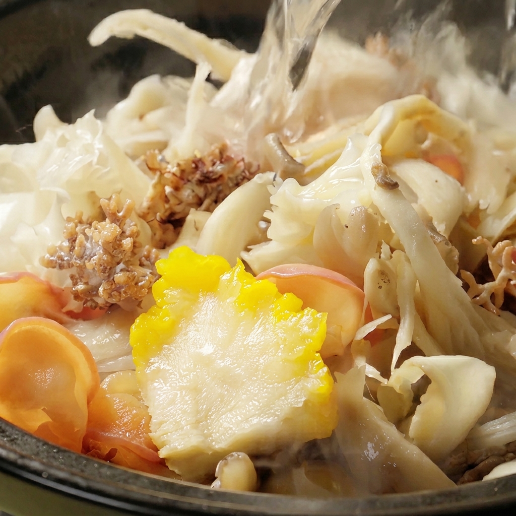 土鍋の中の炒めたニンニクに、様々なきのことお湯が注がれている様子。