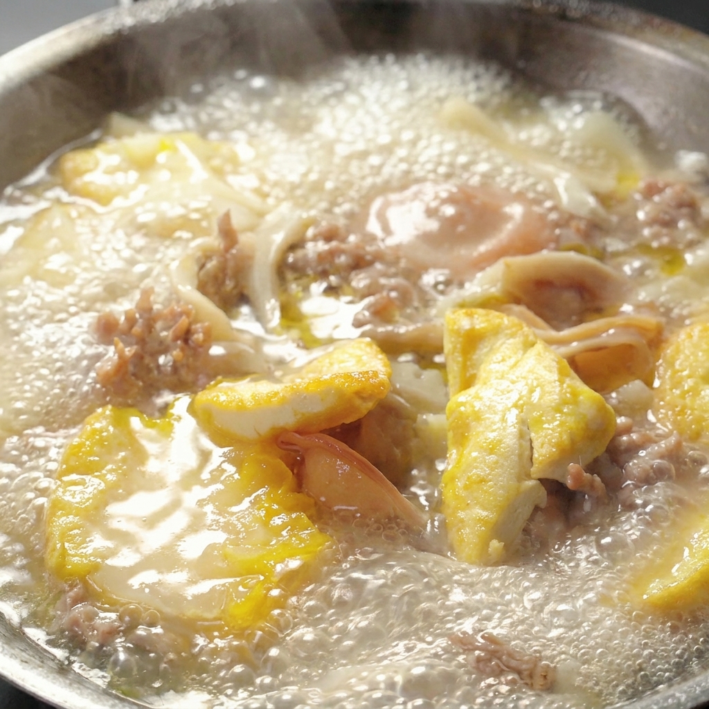 黄金色の豆腐の三角形が、煮立っているきのこスープの中に落とされる様子。