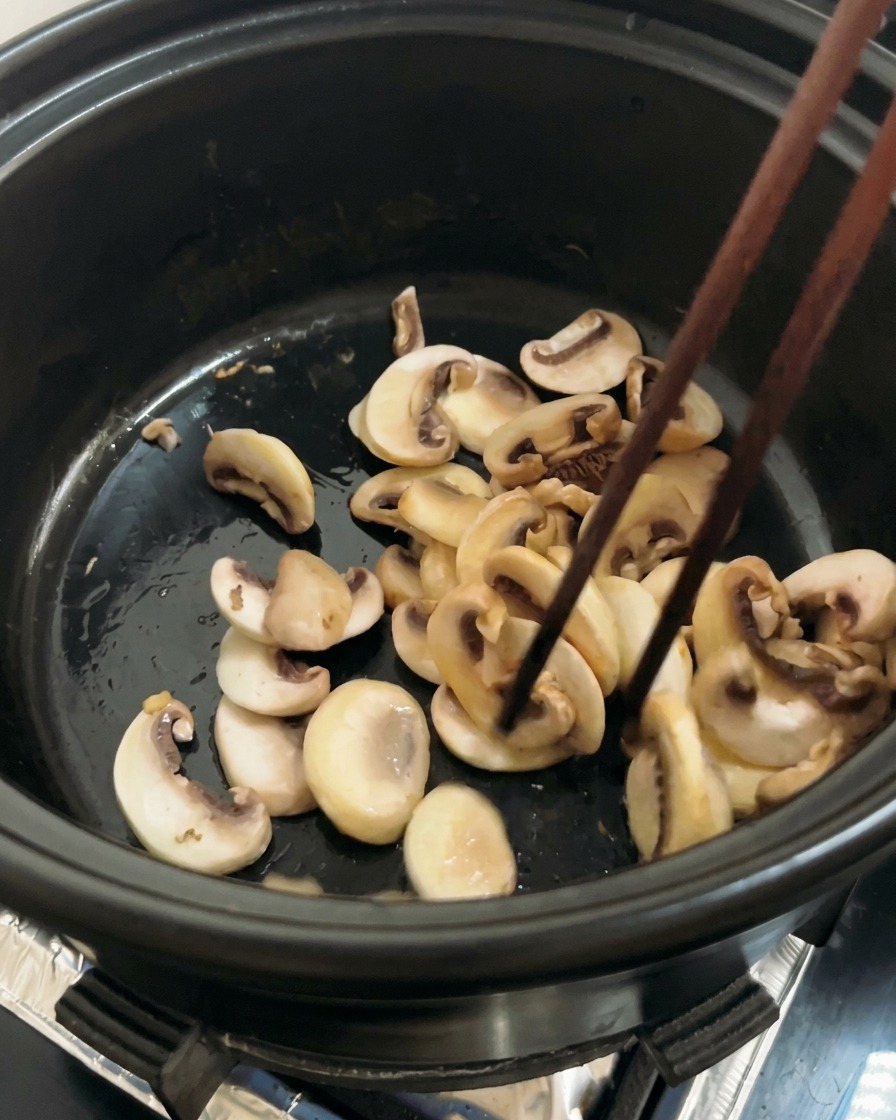 箸でキノコを炒め、薄く焼き色がついてきた様子。