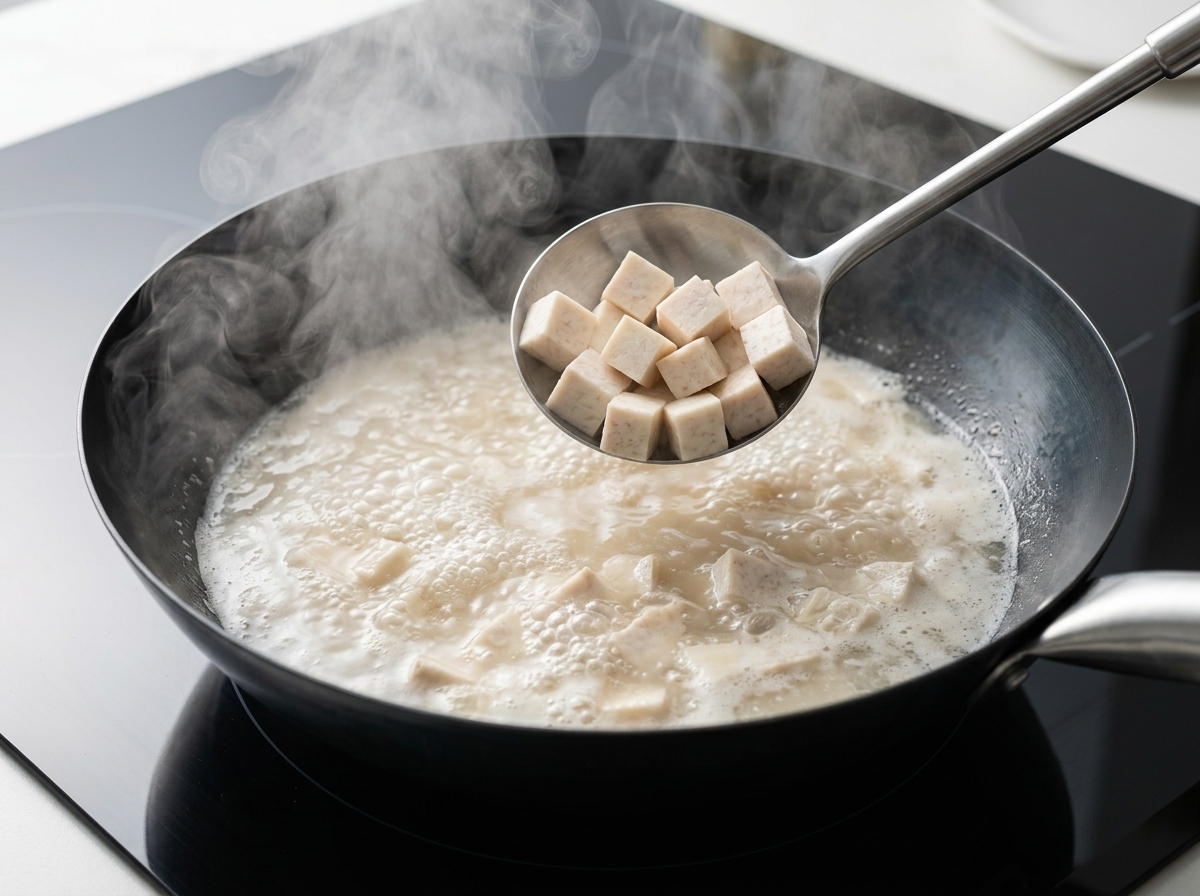 キノコベースのスープの中で豆腐が煮込まれている様子。