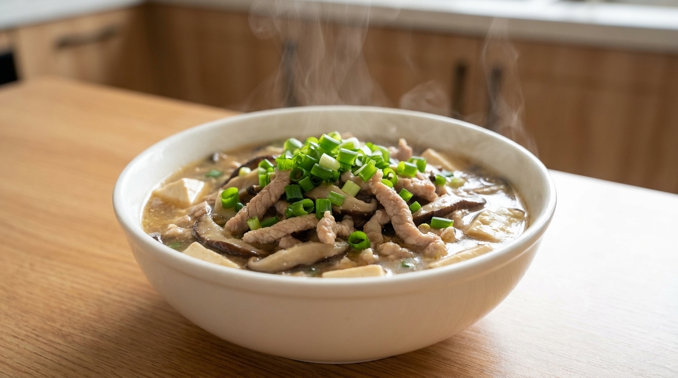 旨味たっぷり：キノコと豆腐の豚肉スープ