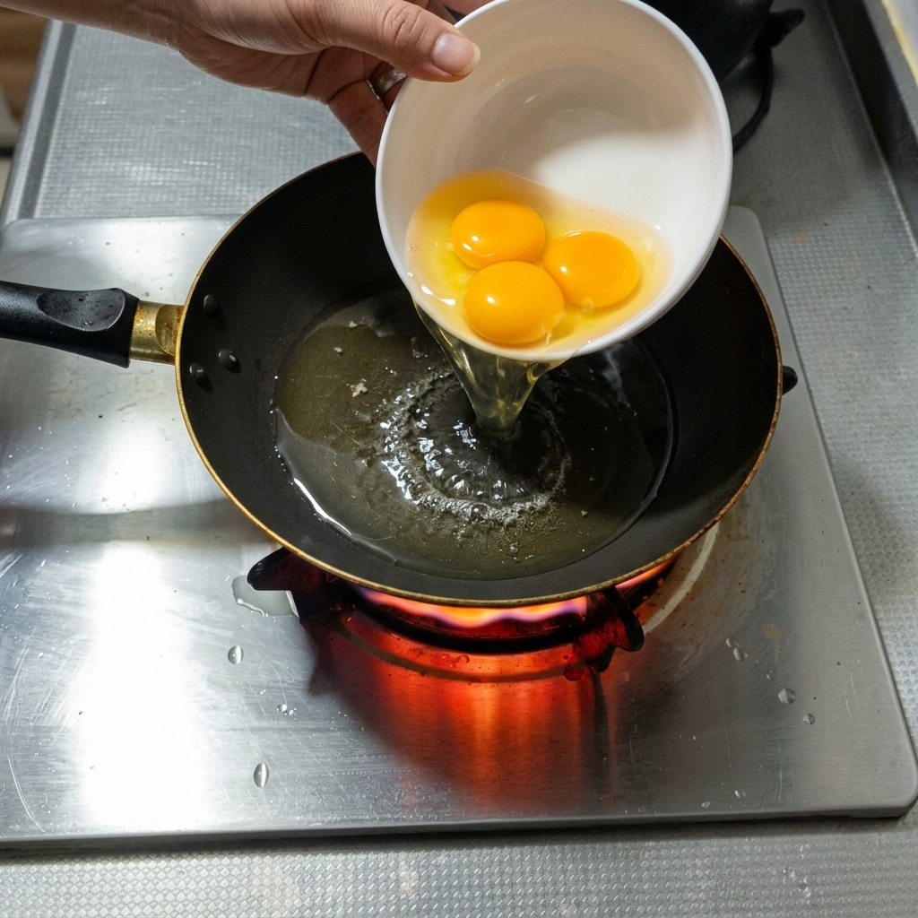 熱したフライパンで3つの卵を焼いている様子。
