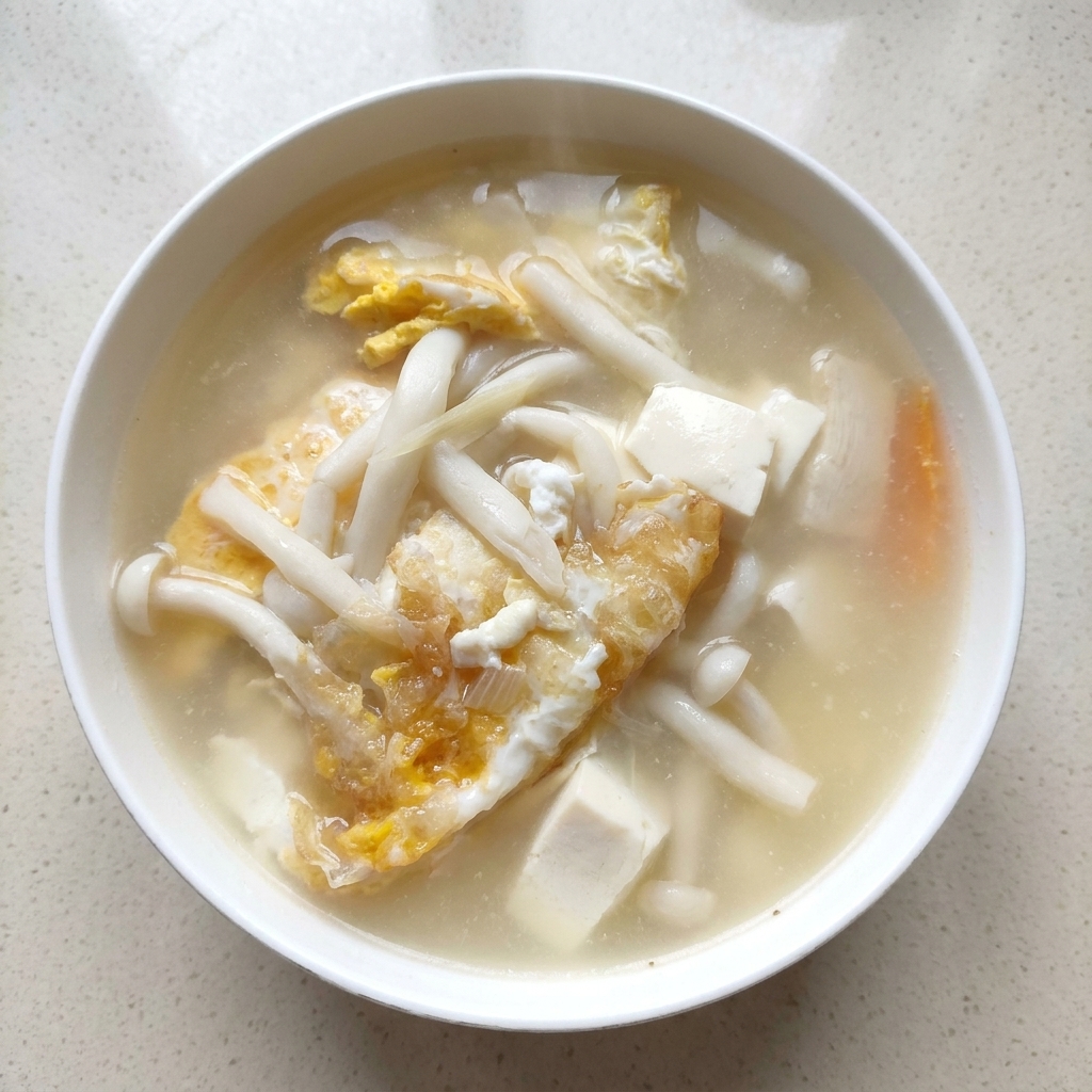 白濁したスープの中で煮える様々なキノコ、豆腐、人参、焼き卵。
