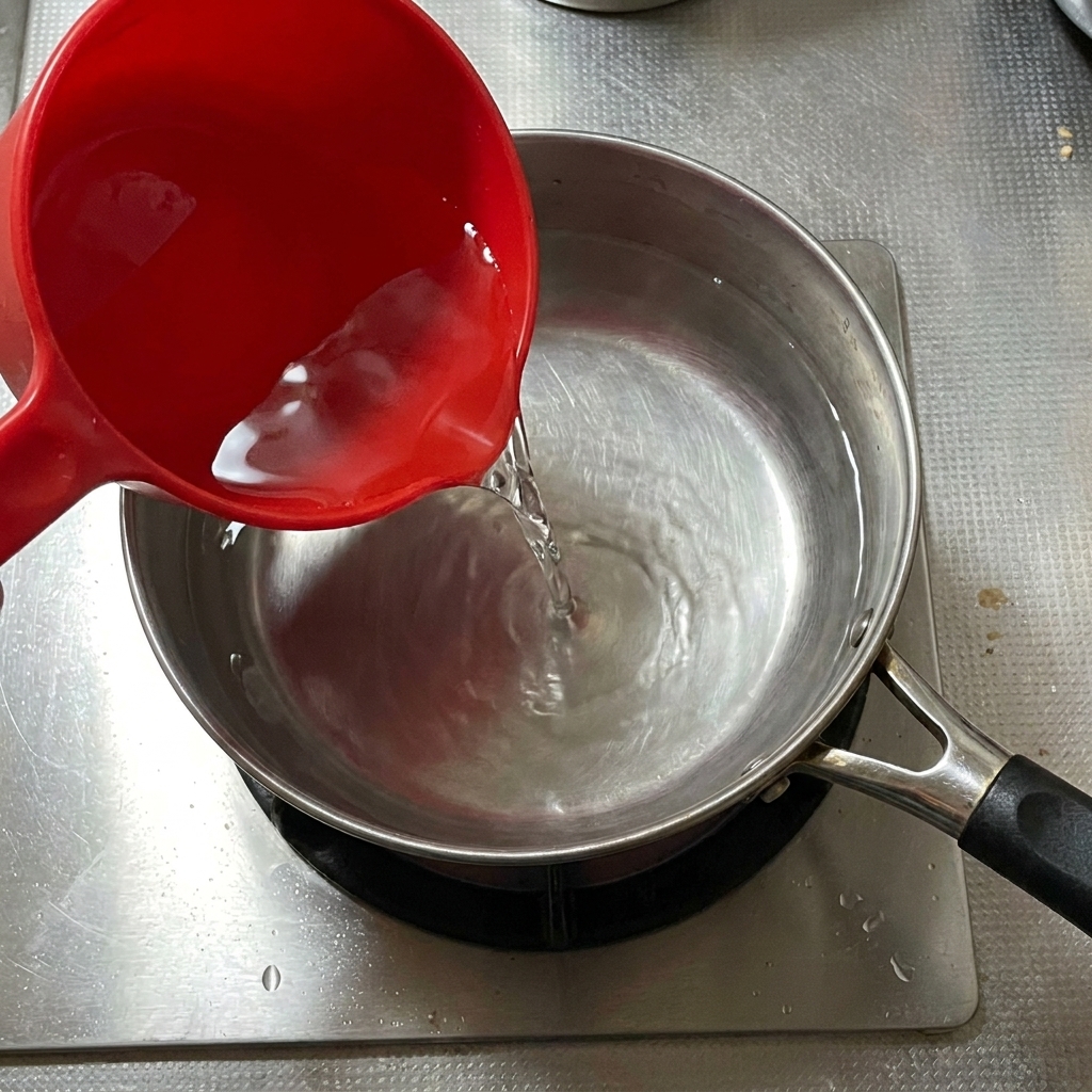 焼いた卵と薬味が入った土鍋に熱湯を注ぐ様子。
