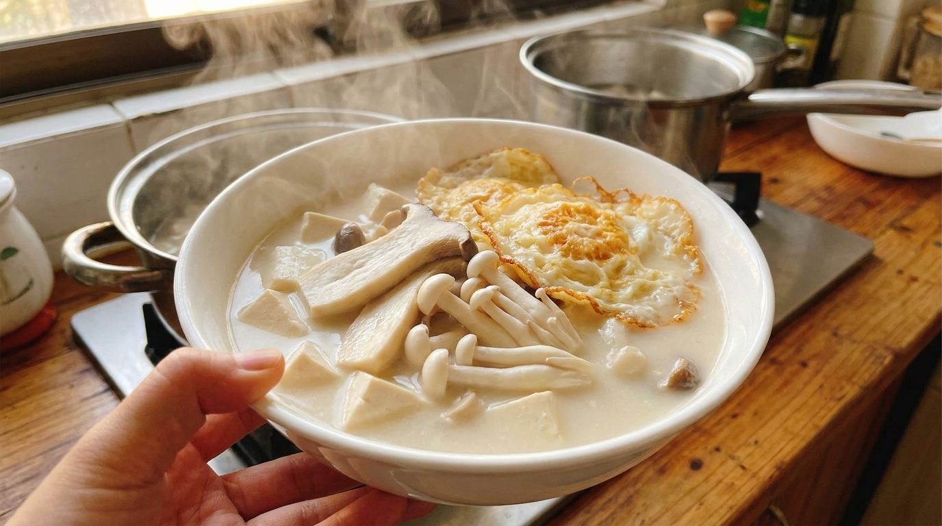 豆腐と黄金色の焼き卵が入った、濃厚でクリーミーなキノコ豆腐スープの一皿。