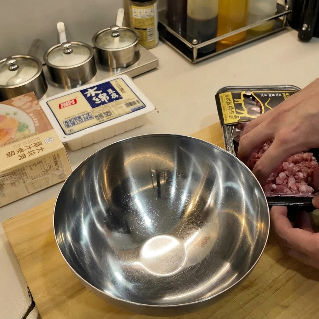 ボウルに入ったひき肉と香味野菜、調味料を混ぜる様子。