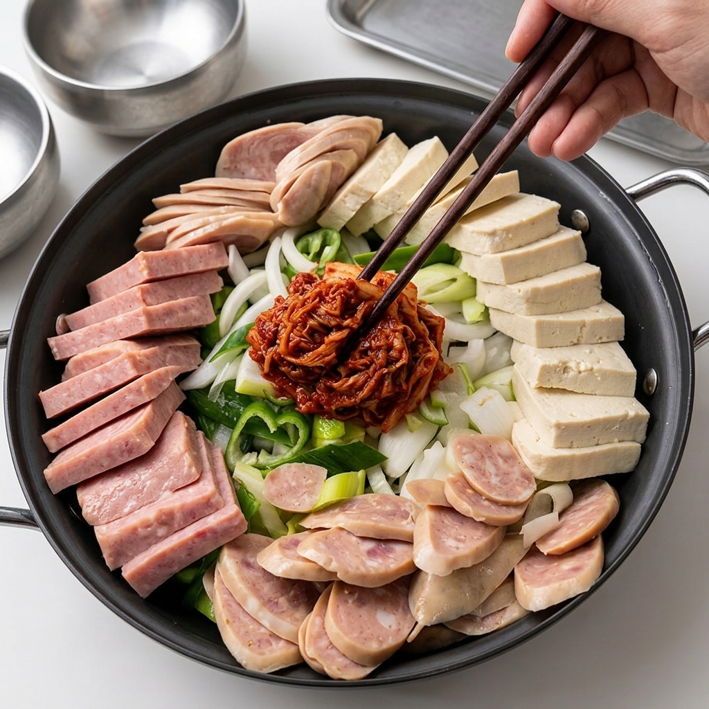 鍋に玉ねぎ、長ねぎ、豆腐、ランチョンミート、ソーセージを並べ、中央にキムチとひき肉を配置した様子。