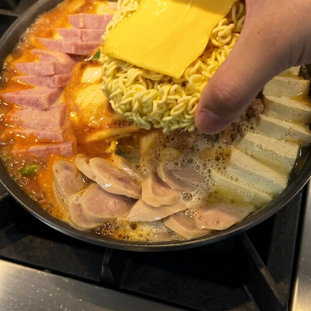 沸騰した鍋にラーメンとチーズをのせた様子。