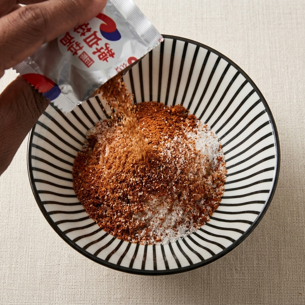 インスタントラーメンの銀色の小袋から粉末スープをボウルに入れている様子