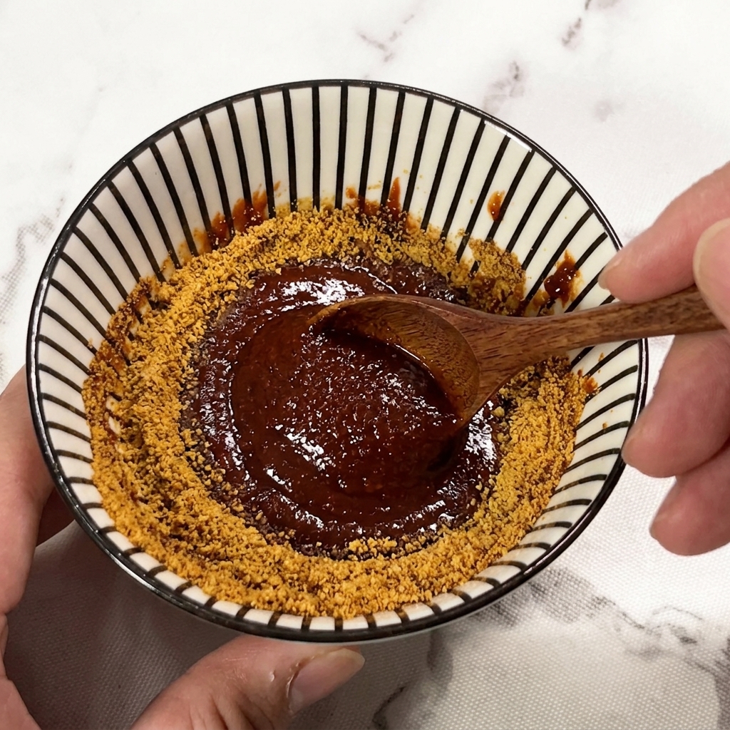 木製スプーンでボウルの中の調味料を混ぜてペースト状にしている様子