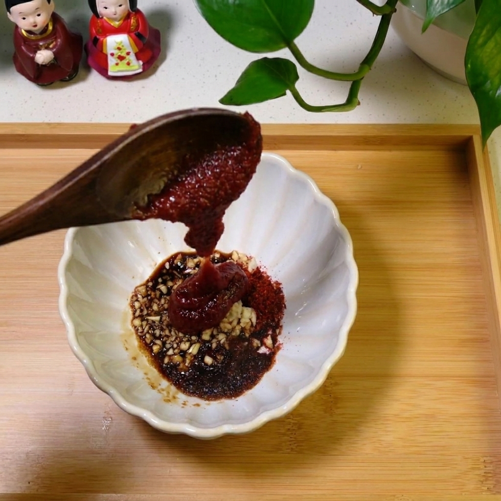 小さな木製スプーンを使って、ボウルの中のタレを混ぜている様子