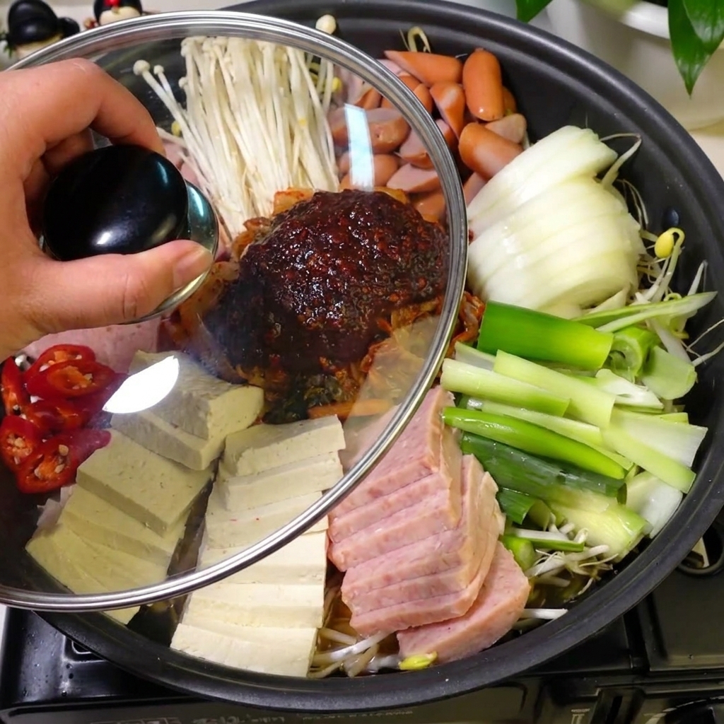 煮立っている鍋の中央に、乾燥ラーメンを置いている様子