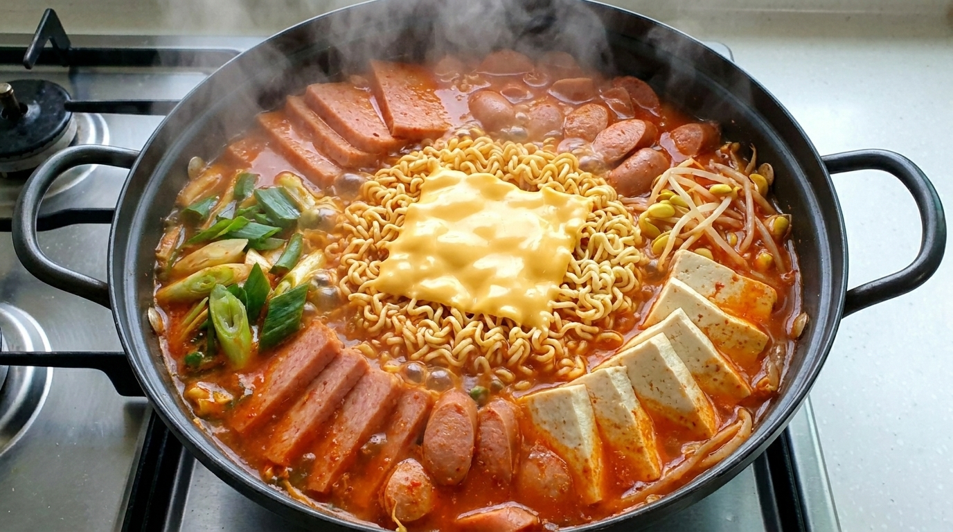 ラーメン、ソーセージ、スパム、豆腐、そしてとろけるチーズを乗せた、ぐつぐつと煮えるプデチゲ。