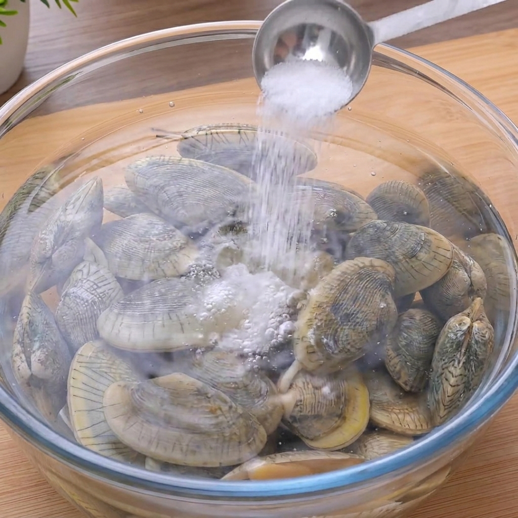 ボウルに入った水とあさりに、計量スプーンで塩を加えている様子。
