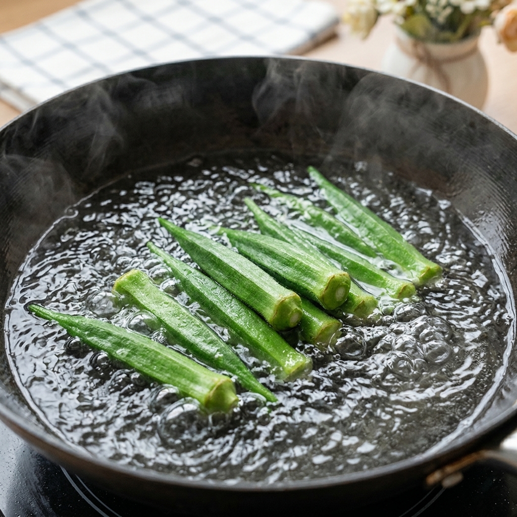 沸騰したお湯の中で鮮やかな緑色に変わるオクラ。