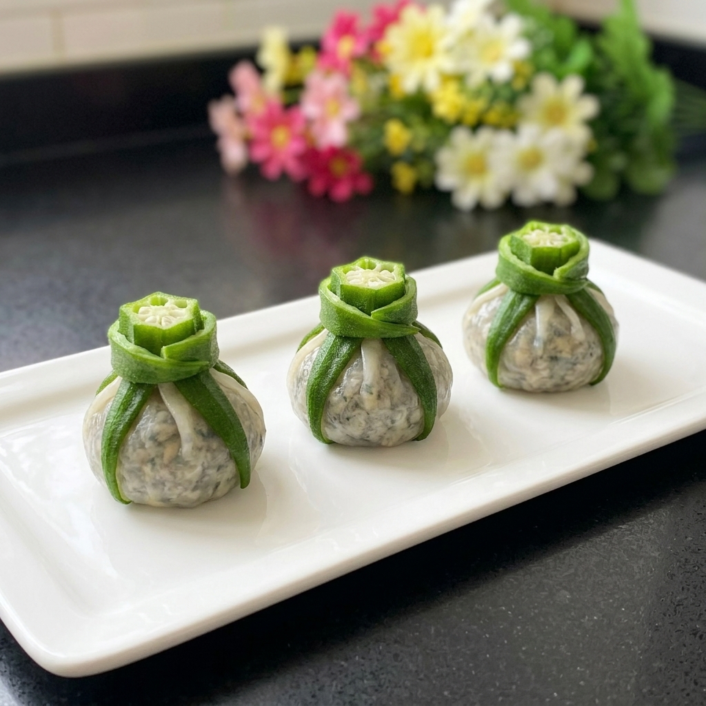耐熱皿に並べられた詰め物がされたオクラを蒸し器に入れる前の様子。