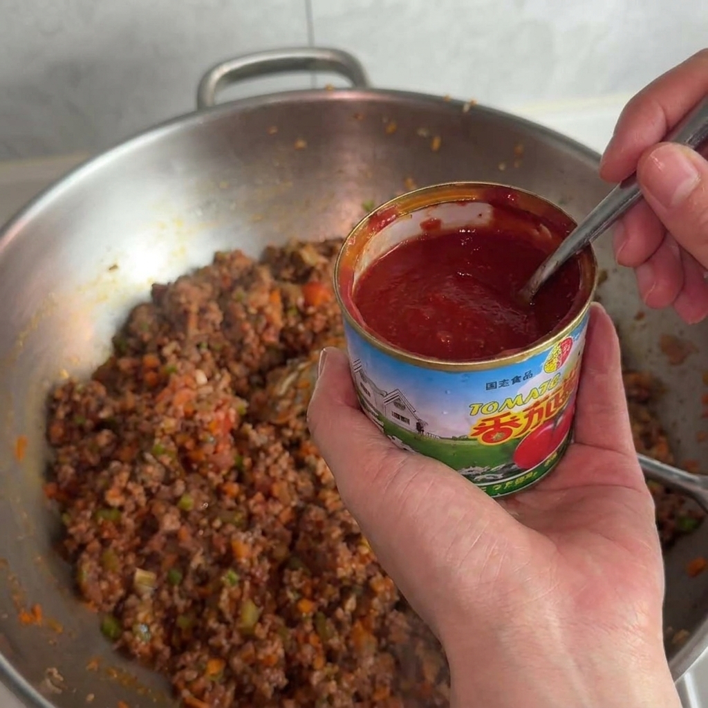 炒めたひき肉の入ったフライパンに、缶からトマトペーストを加えている様子。