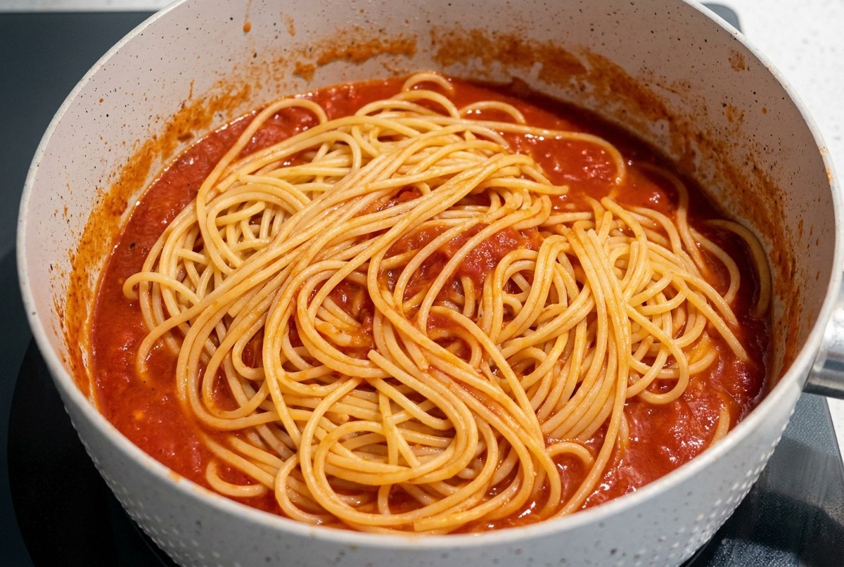 茹で上がったパスタをソースの上にのせる様子
