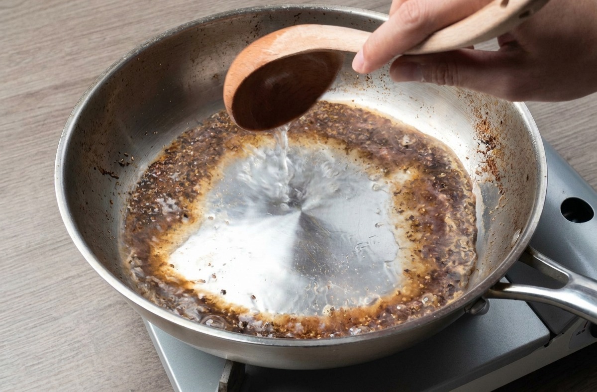 黒胡椒が入ったフライパンに、パスタのゆで汁をおたまで注ぎ入れ、泡立っている様子。