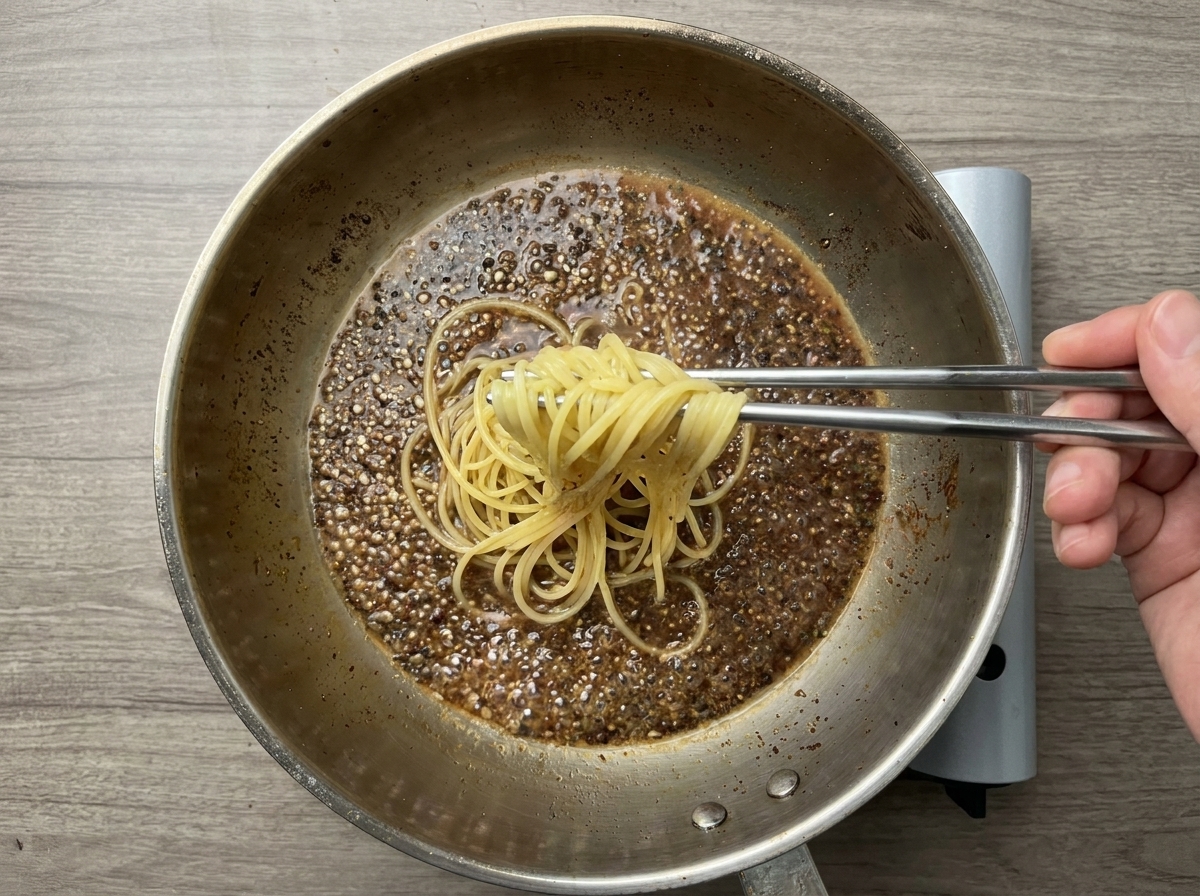 トングを使って、茹で上がる直前のスパゲッティをゆで汁ごとフライパンに移している様子。