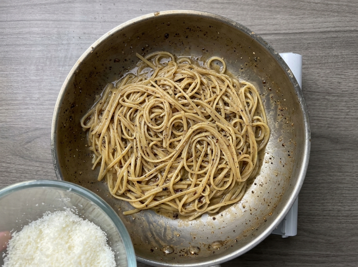 火を止めたフライパンの中のパスタに、細かく削った白いチーズを振りかけている様子。