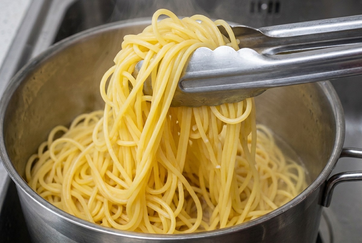 トングで茹で上がったスパゲッティを鍋から取り出している様子。
