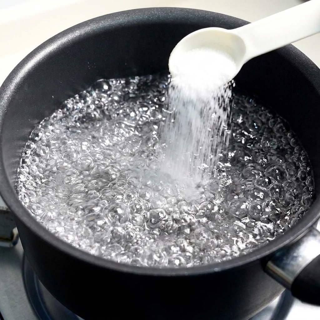 沸騰した鍋の中に計量スプーンで塩を入れている様子