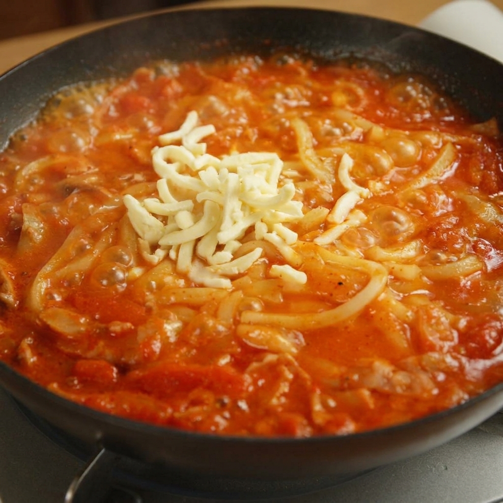 赤いソースのうどんの上に、白いシュレッドチーズがたっぷり山盛りにのっている様子。