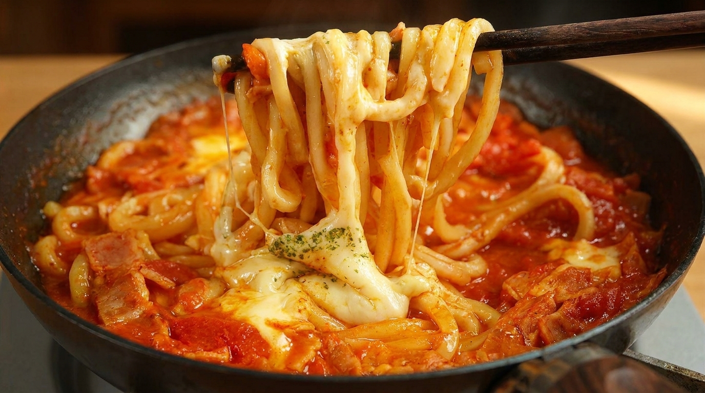 とろ〜りダブルチーズとベーコンの完熟トマトうどん