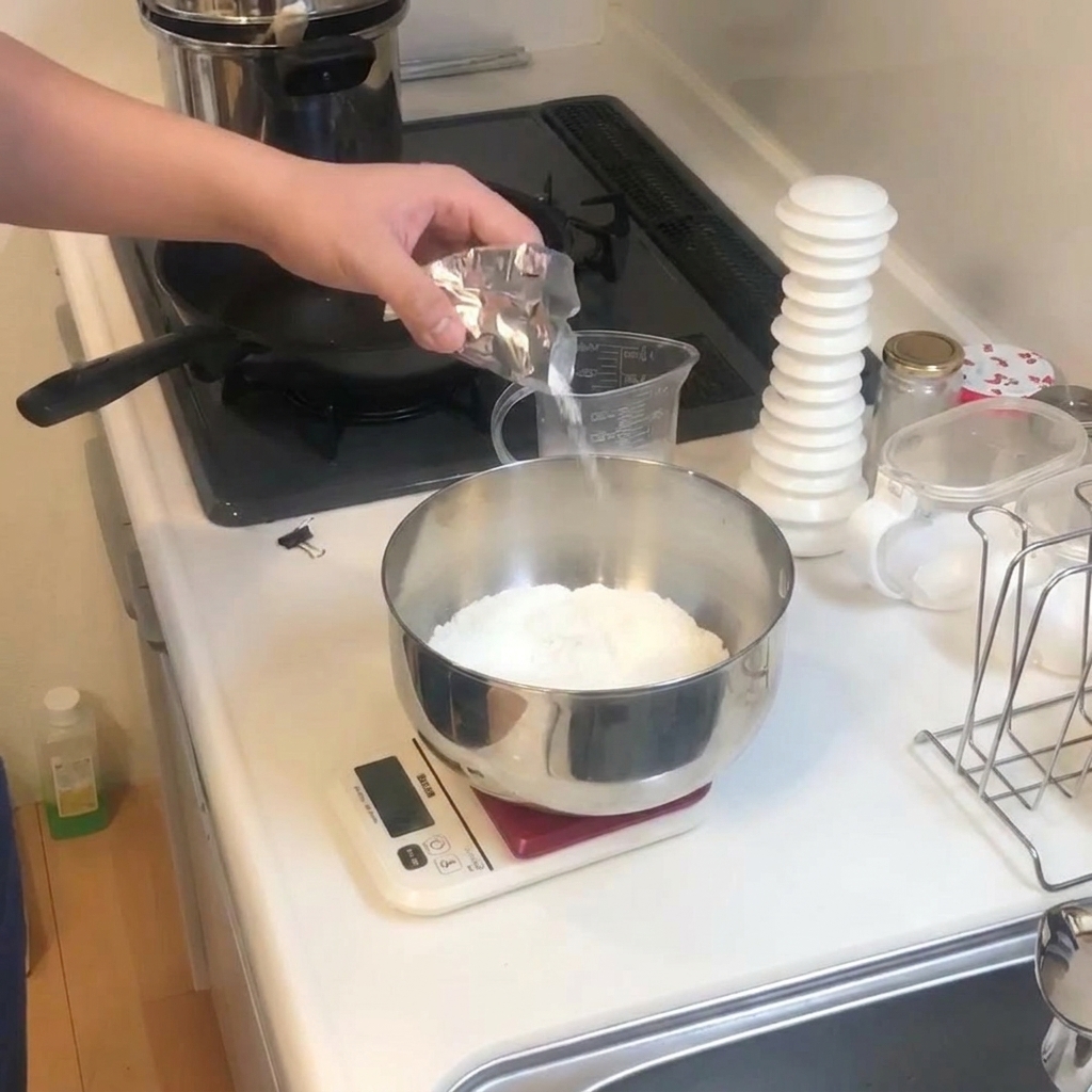 小麦粉が入ったステンレスボウルに、銀色の小袋からドライイーストを振り入れている様子。