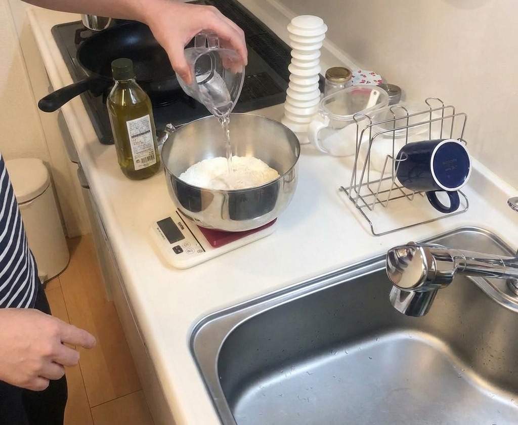 計量カップから、粉類の入ったボウルへぬるま湯をゆっくり注いでいる様子。