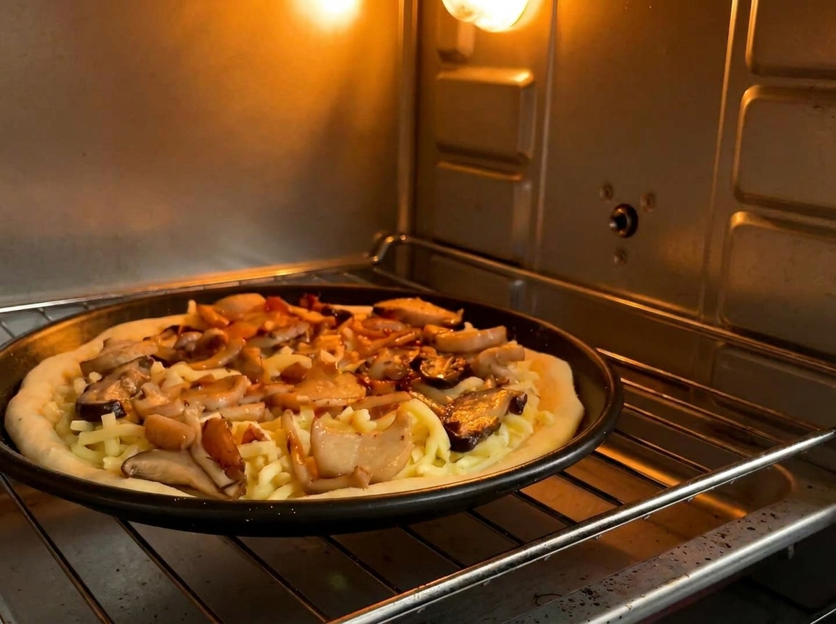 オーブンの中で庫内のライトに照らされながら、ピザが美味しそうに焼き上がっていく様子。