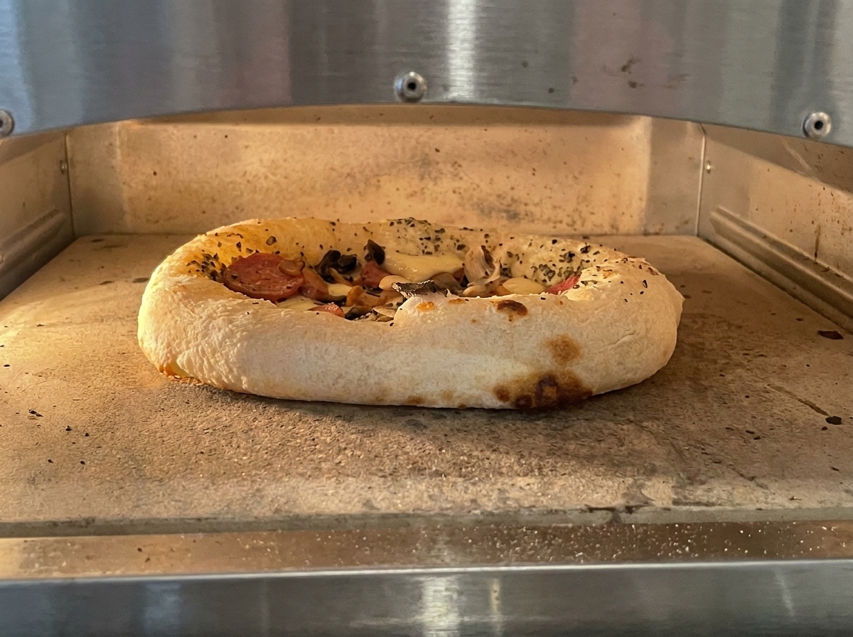 オーブンの中で生地が大きく膨らみ、チーズがグツグツと溶けて焼き色がついたピザの様子。