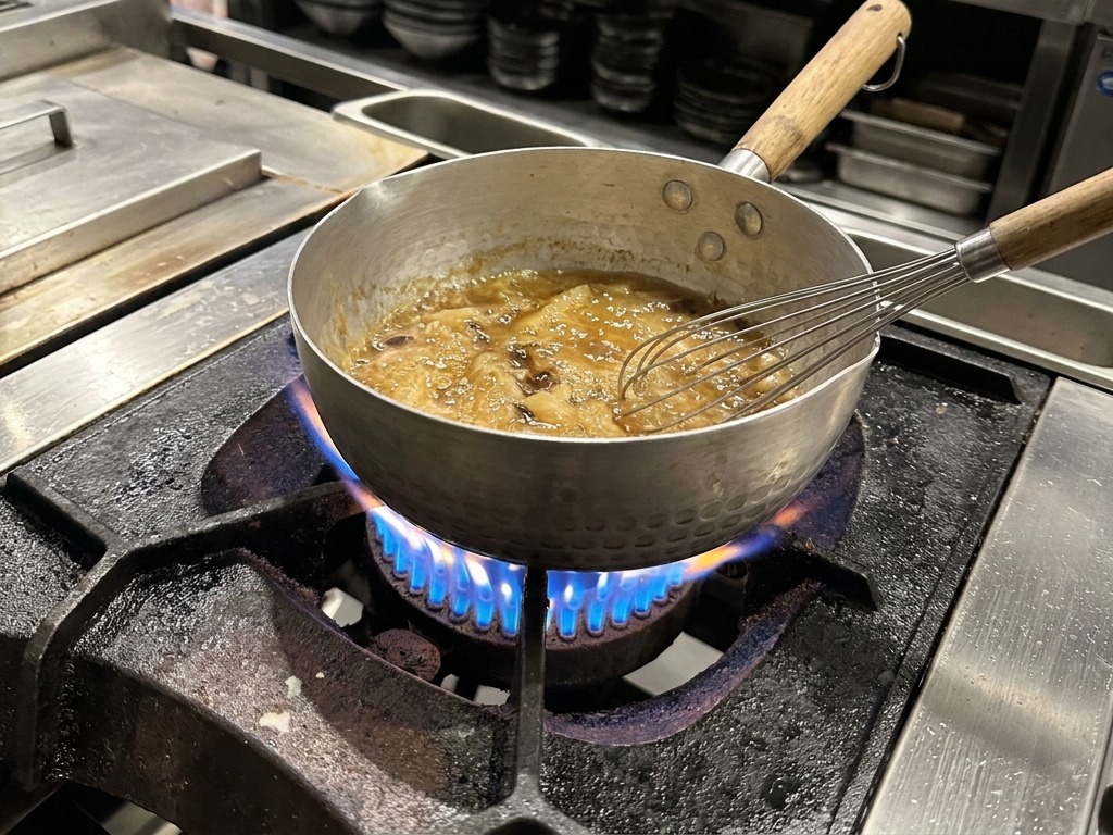 泡立て器を使い、鍋の中でグツグツと煮立つ真っ黒なソースを均一に混ぜ合わせている様子。