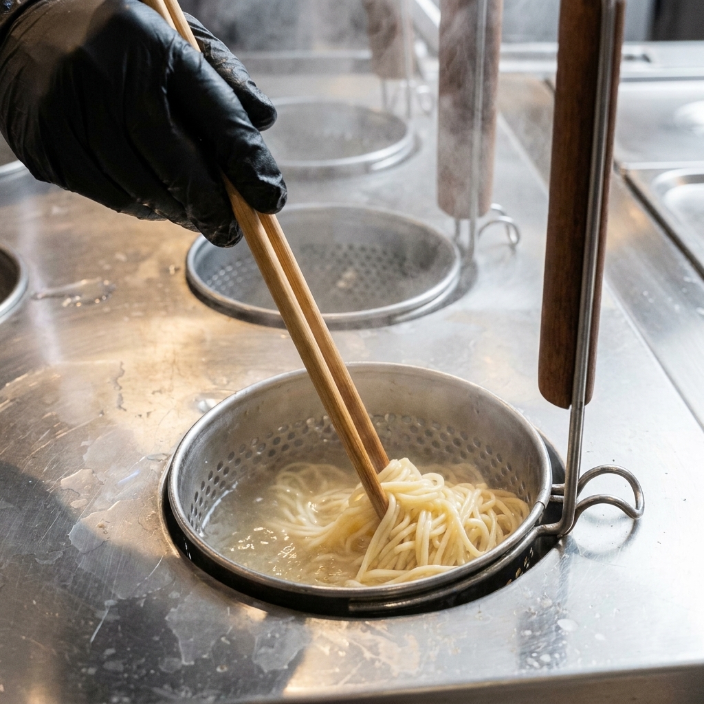 長い菜箸を使い、沸騰したお湯の中で麺を優しく泳がせるように混ぜている様子。