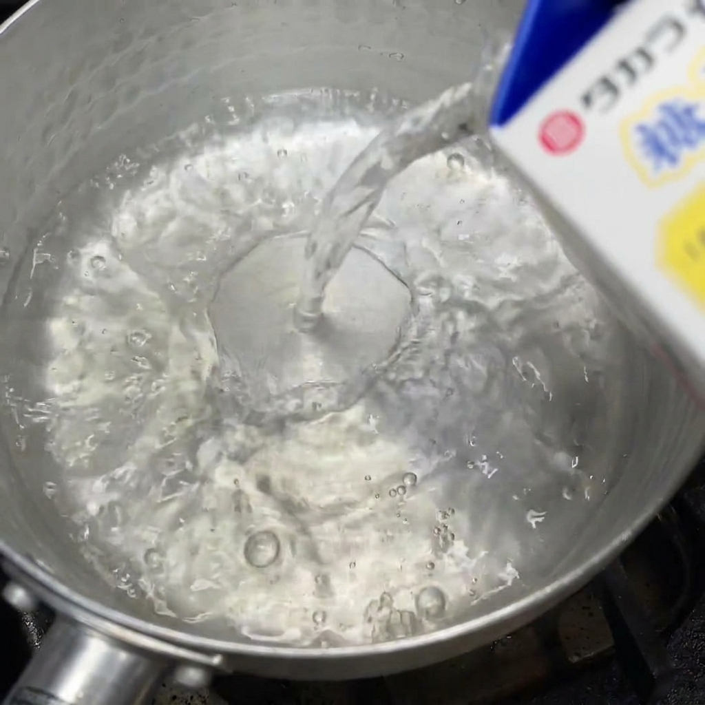 小鍋に淡口醤油と酒を注ぎ入れ、タレのベースを作っている様子。