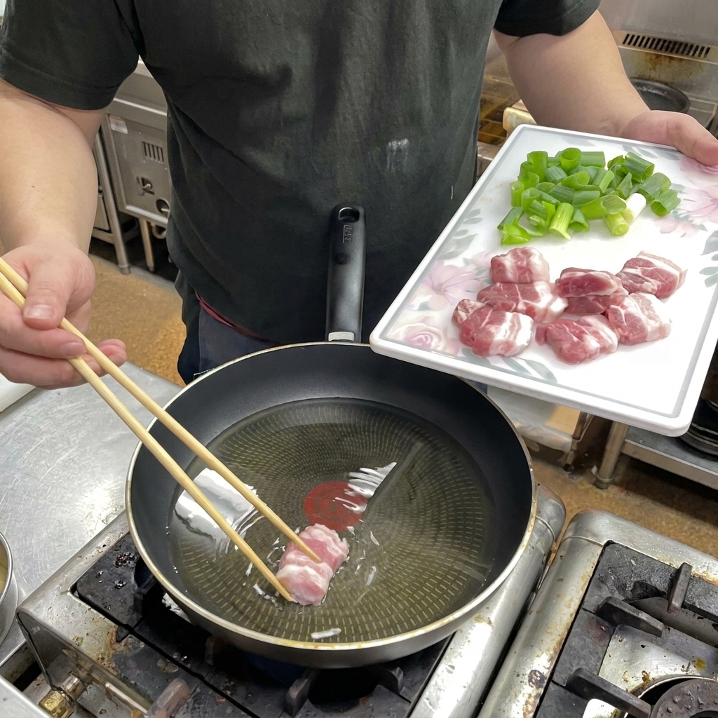 フライパンで豚バラ肉を焼き、天然のラードを抽出している様子。