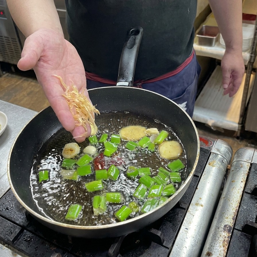 香味野菜を炒めているフライパンに、干し海老を加えて香りを立たせる様子。