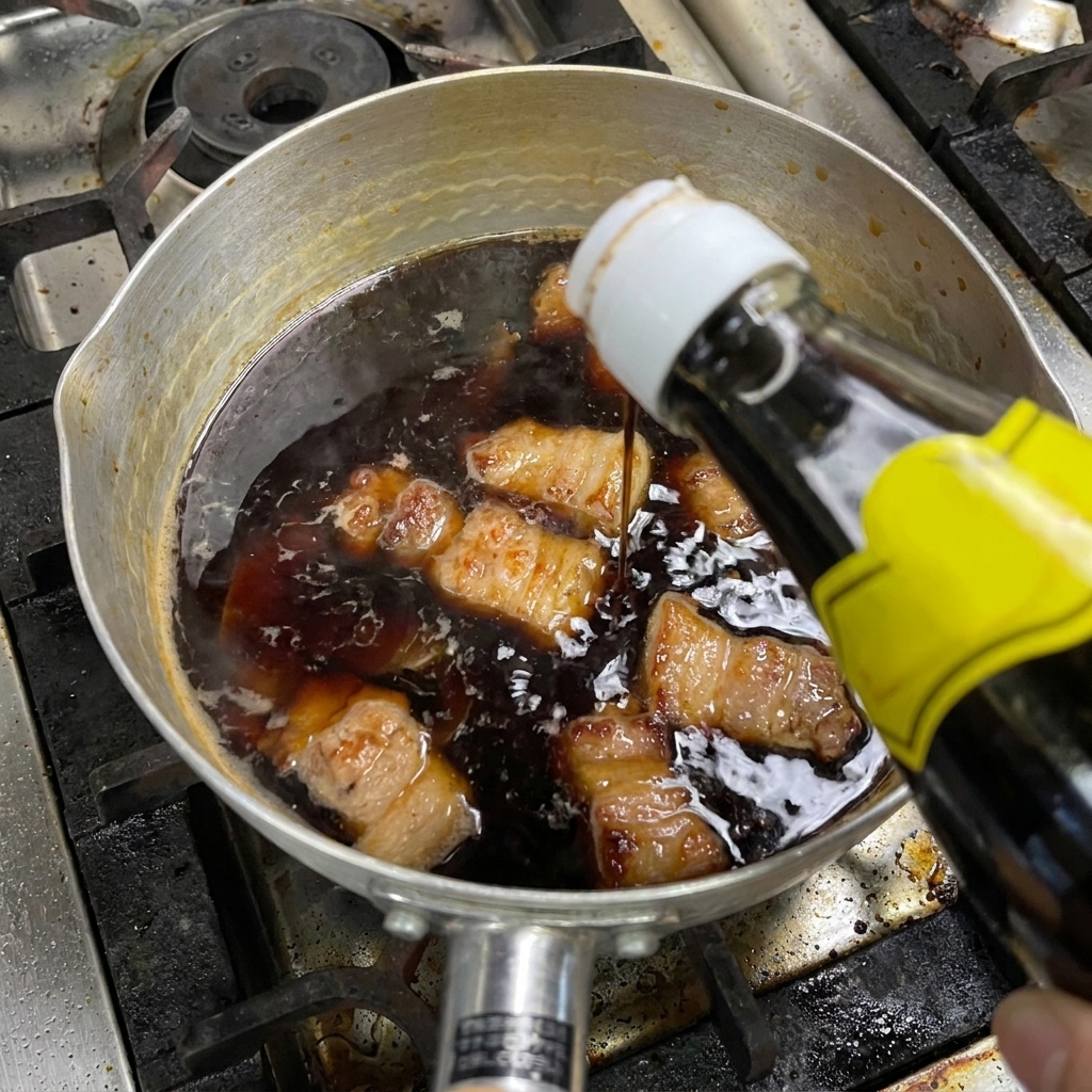 煮込んでいる豚肉の鍋に、仕上げの黒酢を注ぎ入れる様子。