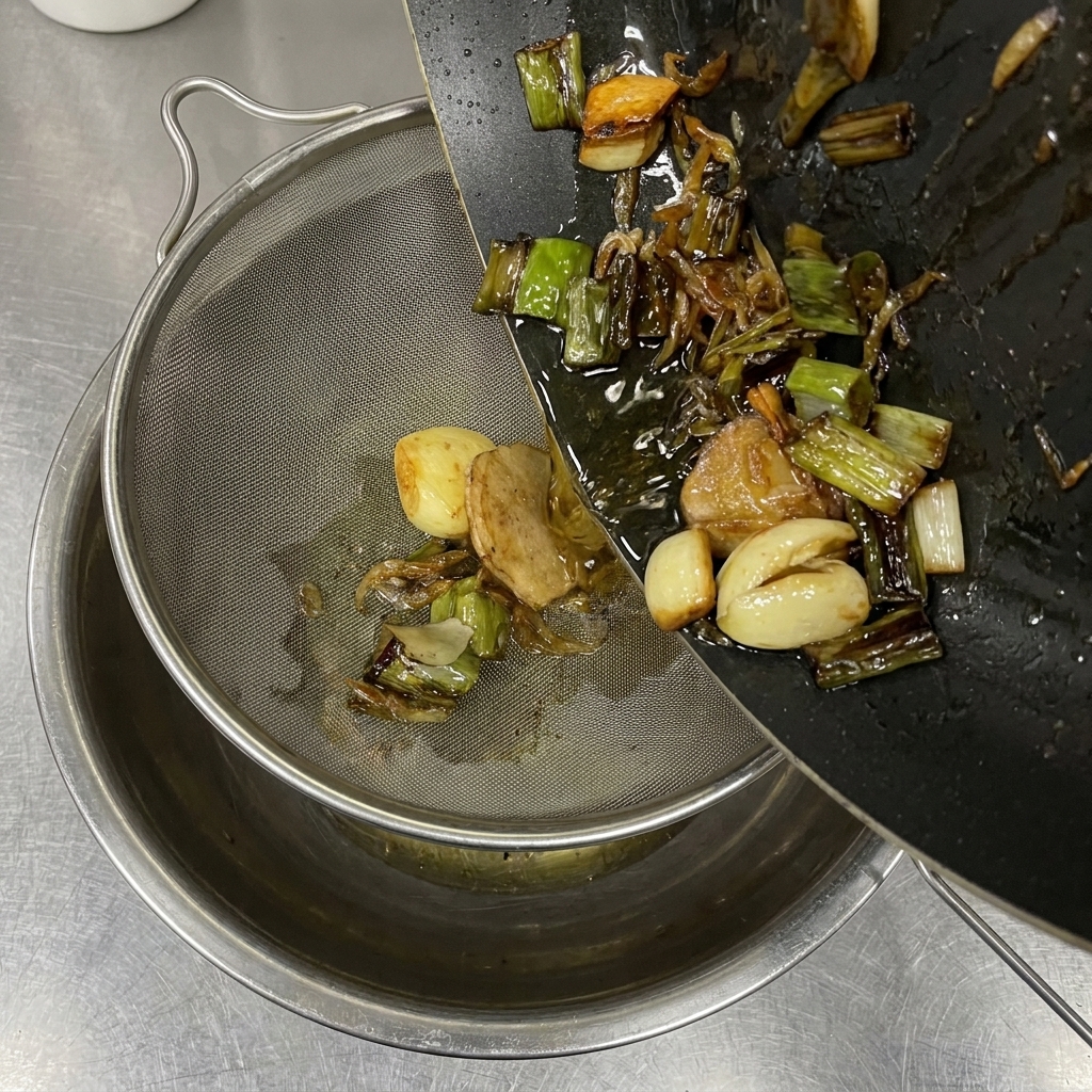 香味油をザルで濾し、透き通った黄金色のオイルを取り出している様子。