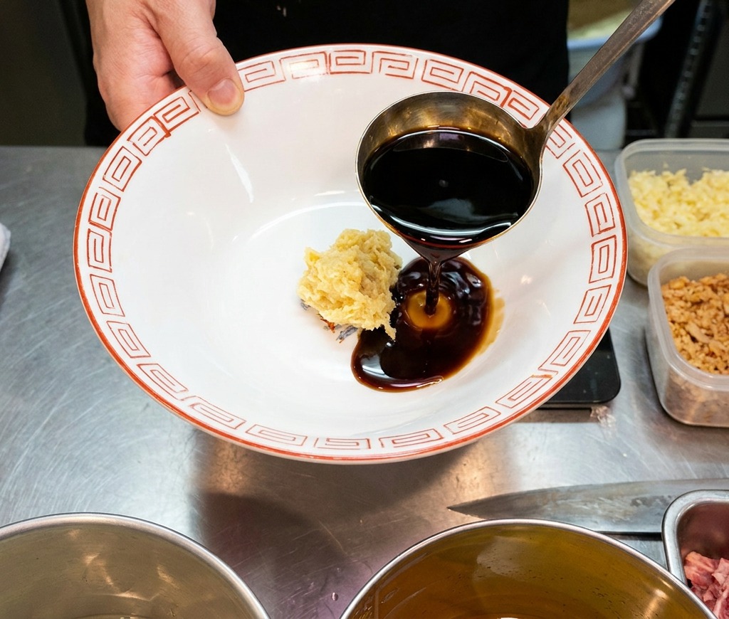 白いラーメン丼に、ステンレスのお玉で艶やかな醤油ダレを注いでいる様子。