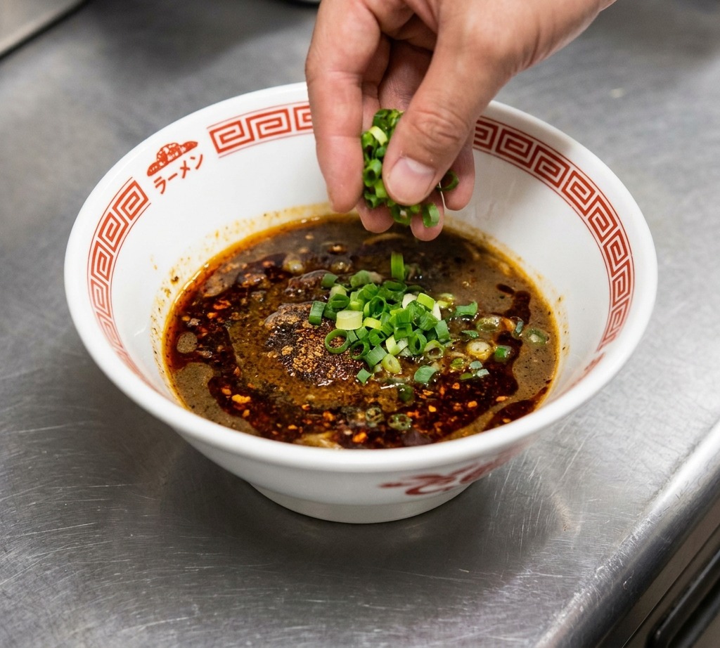 お玉から黄金色の鶏ガラスープが丼に注がれ、醤油ダレと混ざり合って深い茶色のスープに変わる様子。