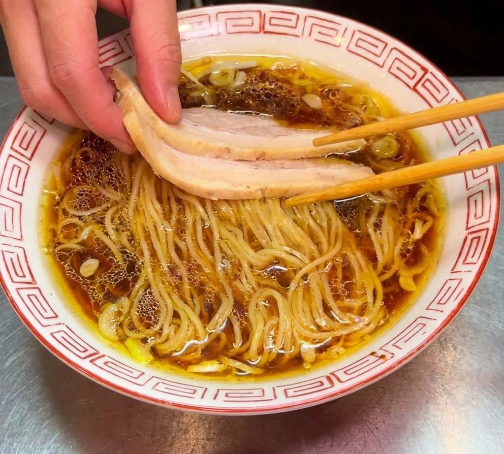 チャーシューがのったラーメン丼の左側に、鮮やかな緑色の茹でほうれん草を盛り付けている様子。