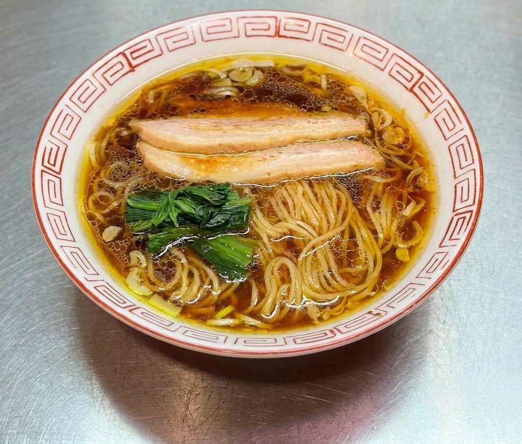 仕上げにメンマやなるとなどの具材を盛り付けている醤油ラーメンの丼。