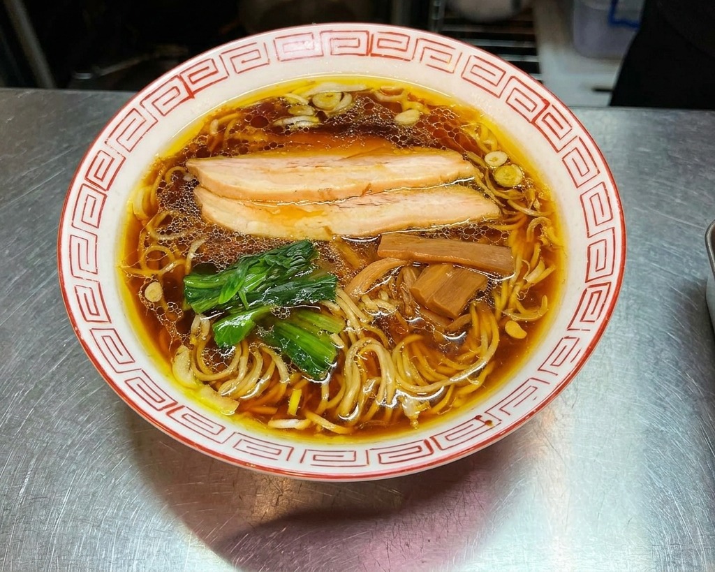 湯気が立つラーメン丼の縁に、パリッとした海苔を差し込んでいる様子。