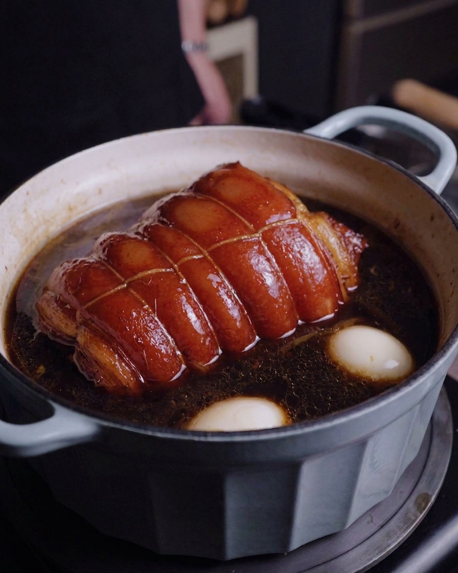 煮汁に浸かった肉と2個の半熟ゆで卵が鍋に入っている様子。
