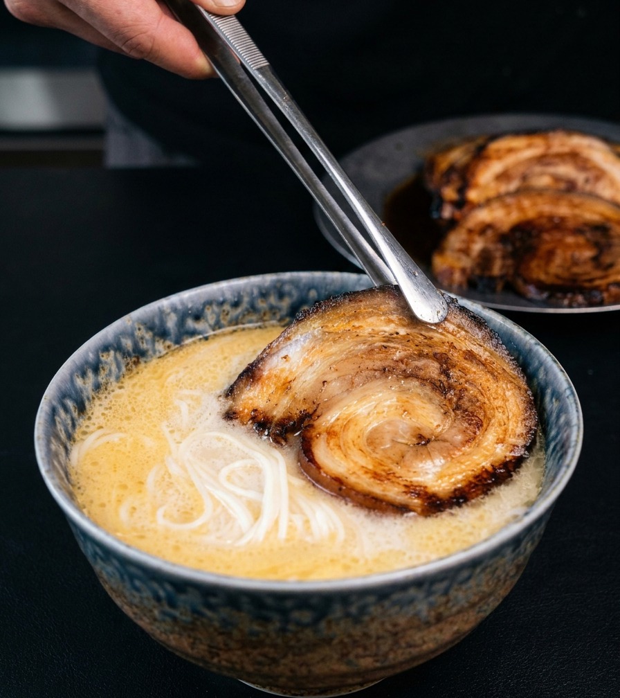 トングを使って、炙ったチャーシューをラーメンの上に盛り付けている様子。