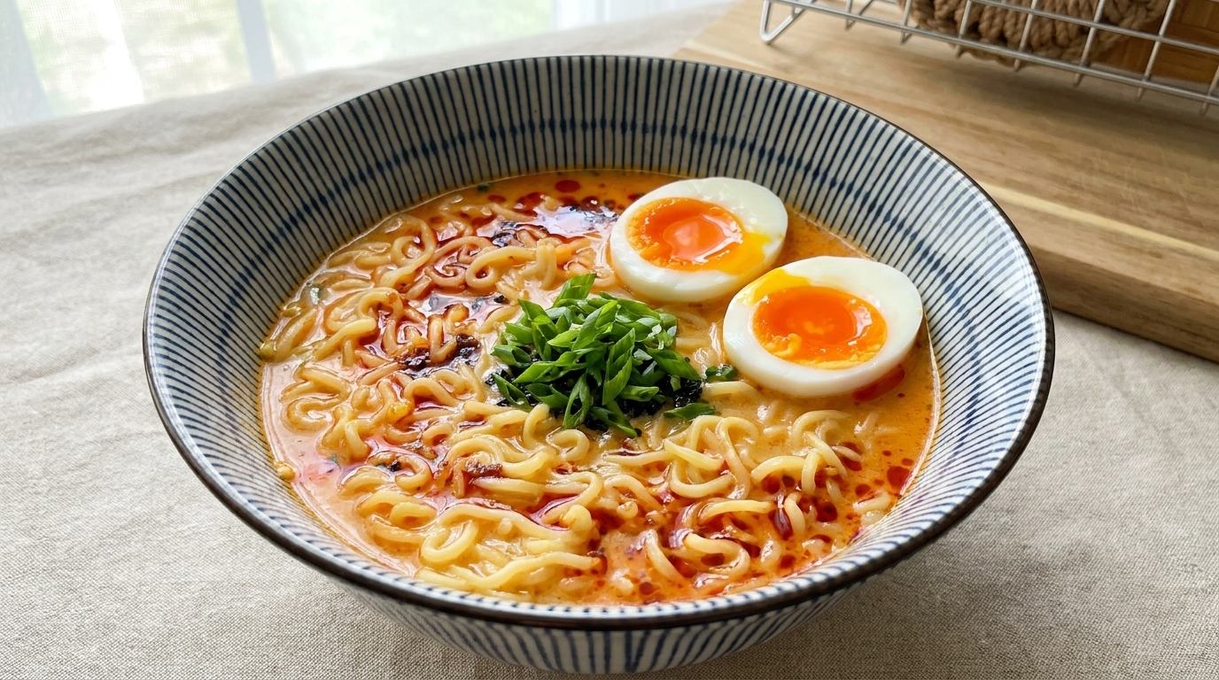 濃厚クリーミー！裏技とんこつ風インスタントラーメン（半熟卵添え）
